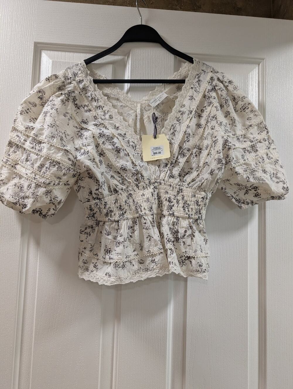 NWT Dress Forum of LA M Cream Floral Smocked Waist Ruffle Lace Trim Puff